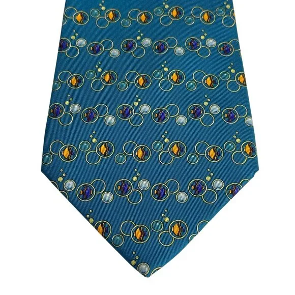 Salvatore Ferragamo Silk Neck Tie Goldfish Bubbles Pattern Teal Men's Neckwear - Picture 2 of 12